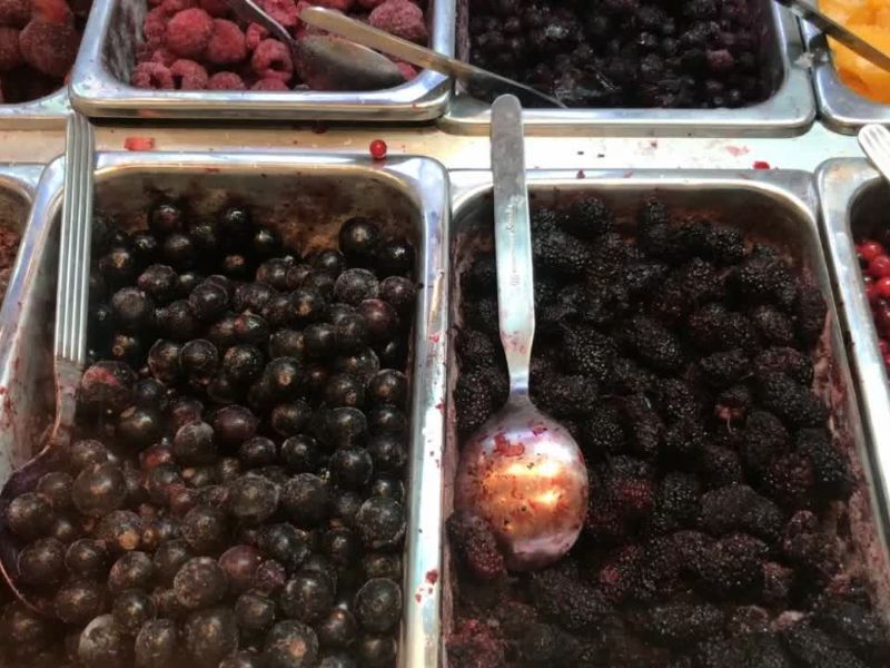 prikaz zamrznutog voća u etalnim činijama sa velikim kašikama